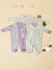 3-Pack Baby Girl Footed Sleepsuits – Purple Bunny Print, Stripes & “Mom” Design
