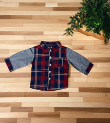 Boys' Checkered Plaid Shirt with Denim Sleeves – Classic Red & Navy
