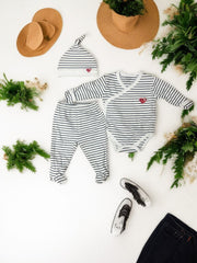 3-Piece Baby Striped Outfit Set with Heart Patch – Bodysuit, Pants & Hat