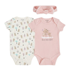 Wild & Happy 3-Piece Baby Girl Outfit Set – Deer Bodysuits with Bow Headband